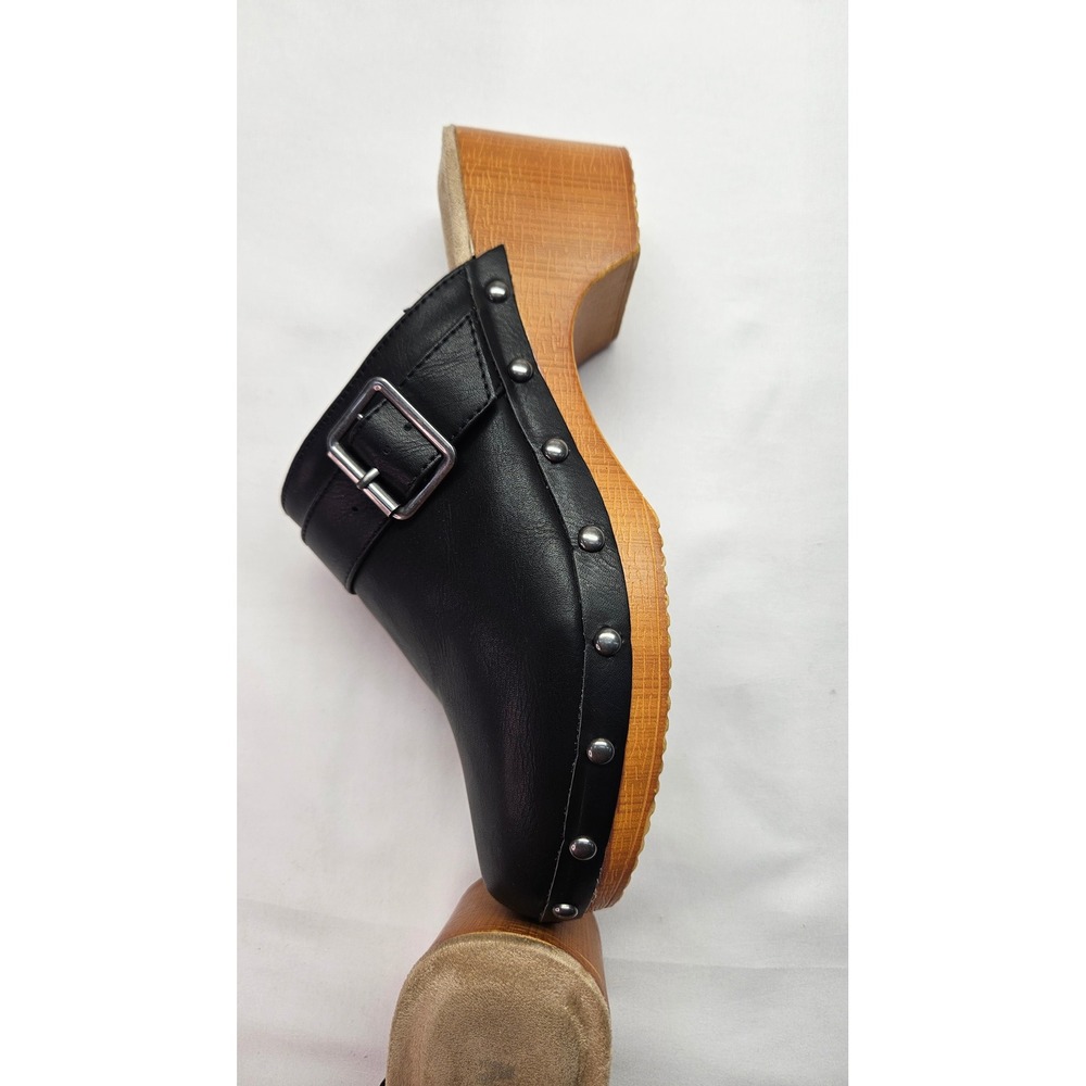 MIA Womens Black Leather Studded Platform Clogs Mules Size 7 Wood Heel Buckle - Picture 2 of 4